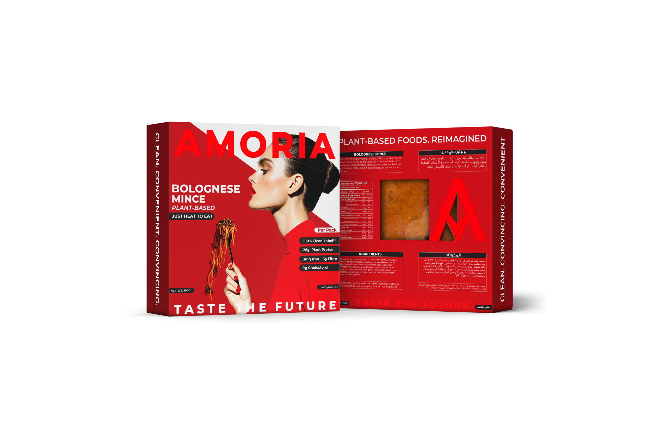 Amoria Bolognese Mince plant-based packaging, front and back panels in bold red design, with a woman holding spaghetti, nutrition facts, ingredients, and product viewing window.