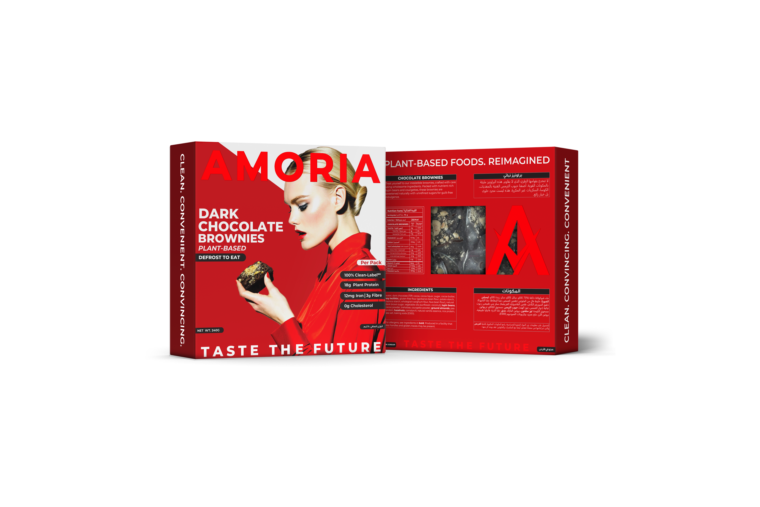 Amoria Dark Chocolate Brownies plant-based packaging, front and back panels in bold red design, with a woman holding a brownie, nutrition facts, ingredients, and product viewing window.