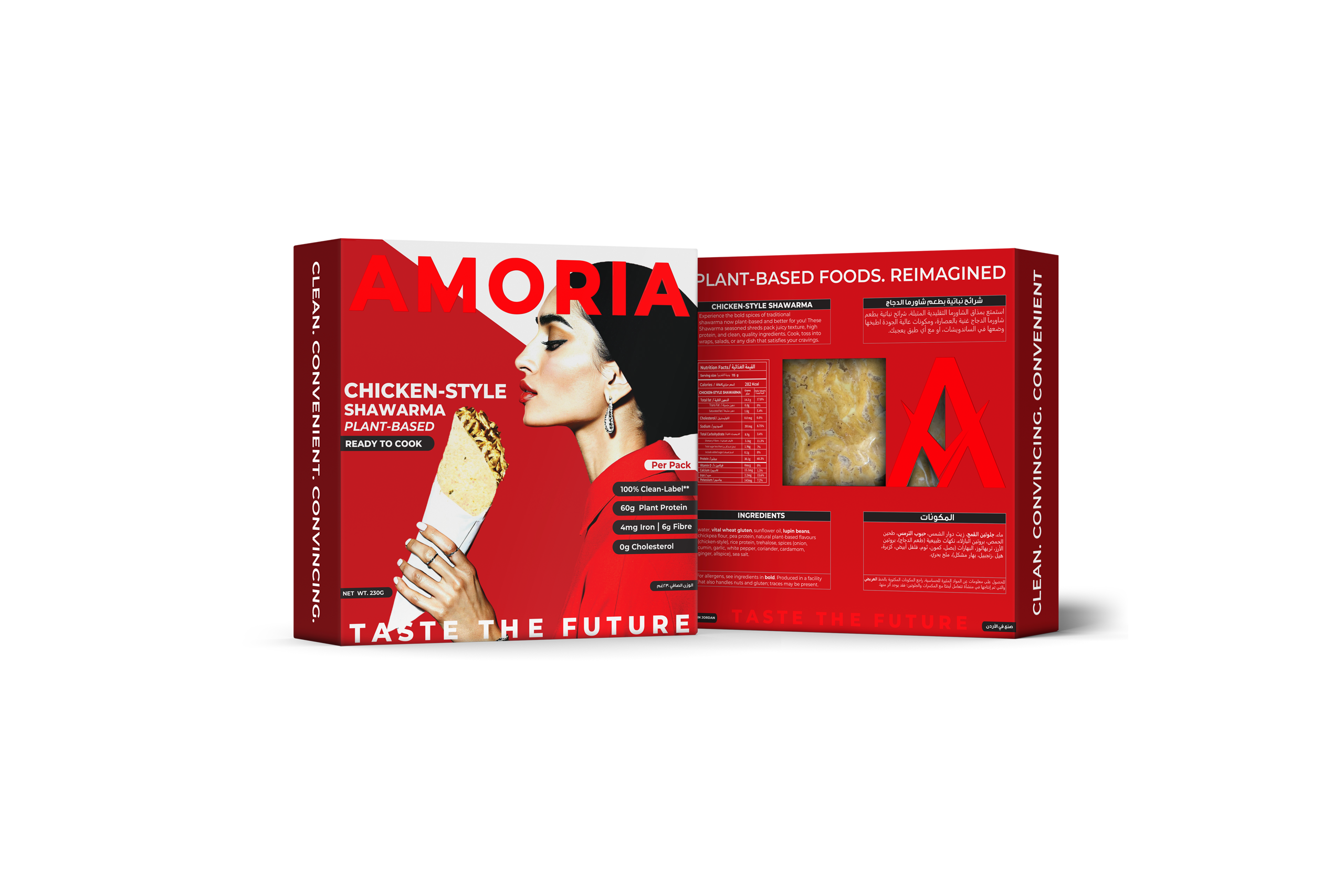 Amoria Chicken-Style Shawarma plant-based packaging, front and back panels in bold red design, featuring nutrition facts, ingredients, and product window with shawarma texture.