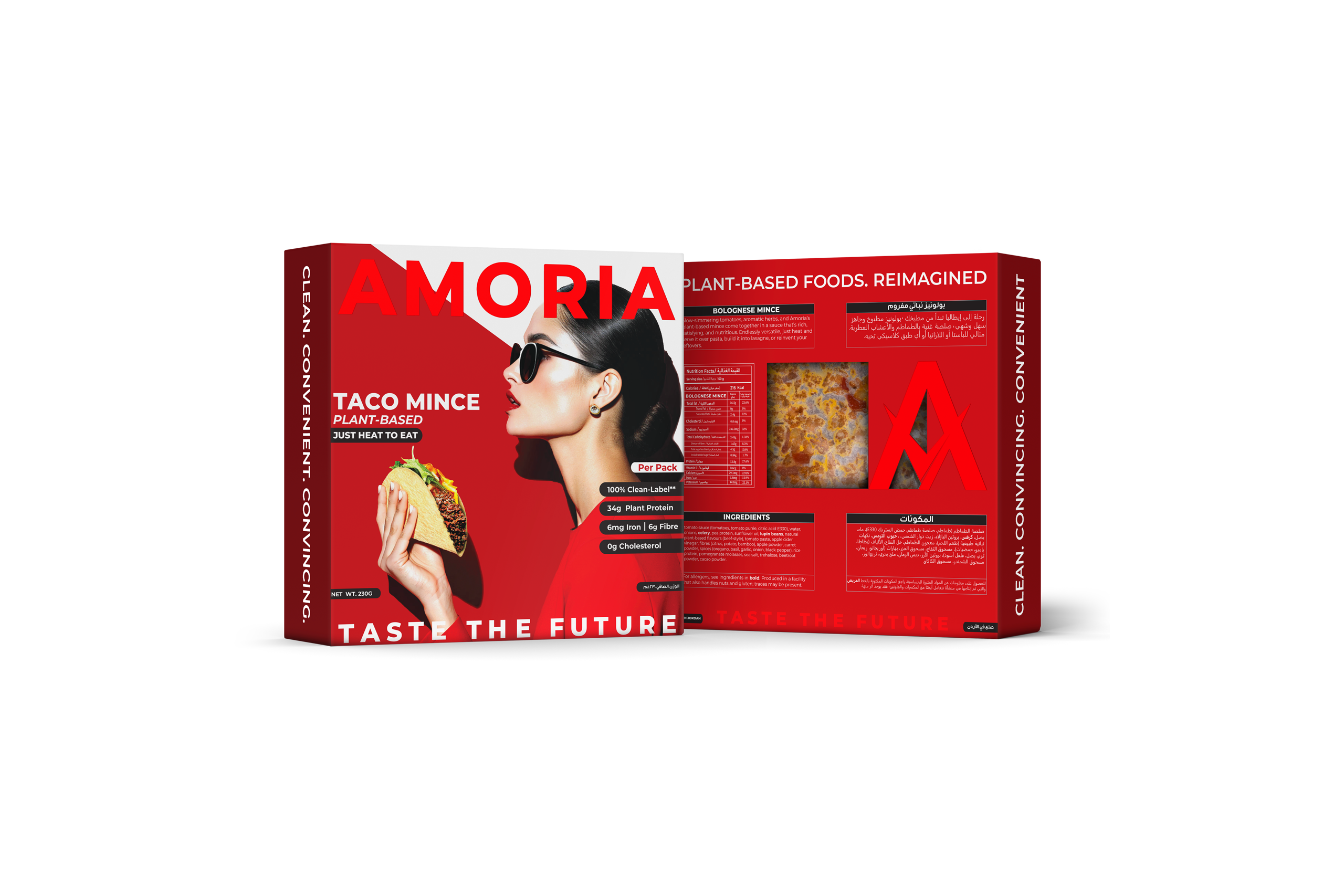 Amoria Taco Mince plant-based packaging, showing front and back panels in bold red, with a woman holding a taco, nutrition facts, ingredient list, and product viewing window.