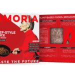 Amoria Beef-Style Mince plant-based packaging showing the front and back panels, highlighting nutritional information, ingredients, and bold red branding.