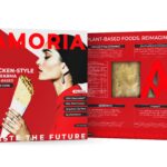 Amoria Chicken-Style Shawarma plant-based packaging, front and back panels in bold red design, featuring nutrition facts, ingredients, and product window with shawarma texture.