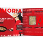 Amoria Chicken-Style Shreds plant-based packaging, front and back design in bold red, showcasing nutrition facts, ingredients, and product window with realistic shredded texture.