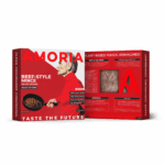 Amoria Beef-Style Mince plant-based packaging showing the front and back panels, highlighting nutritional information, ingredients, and bold red branding.