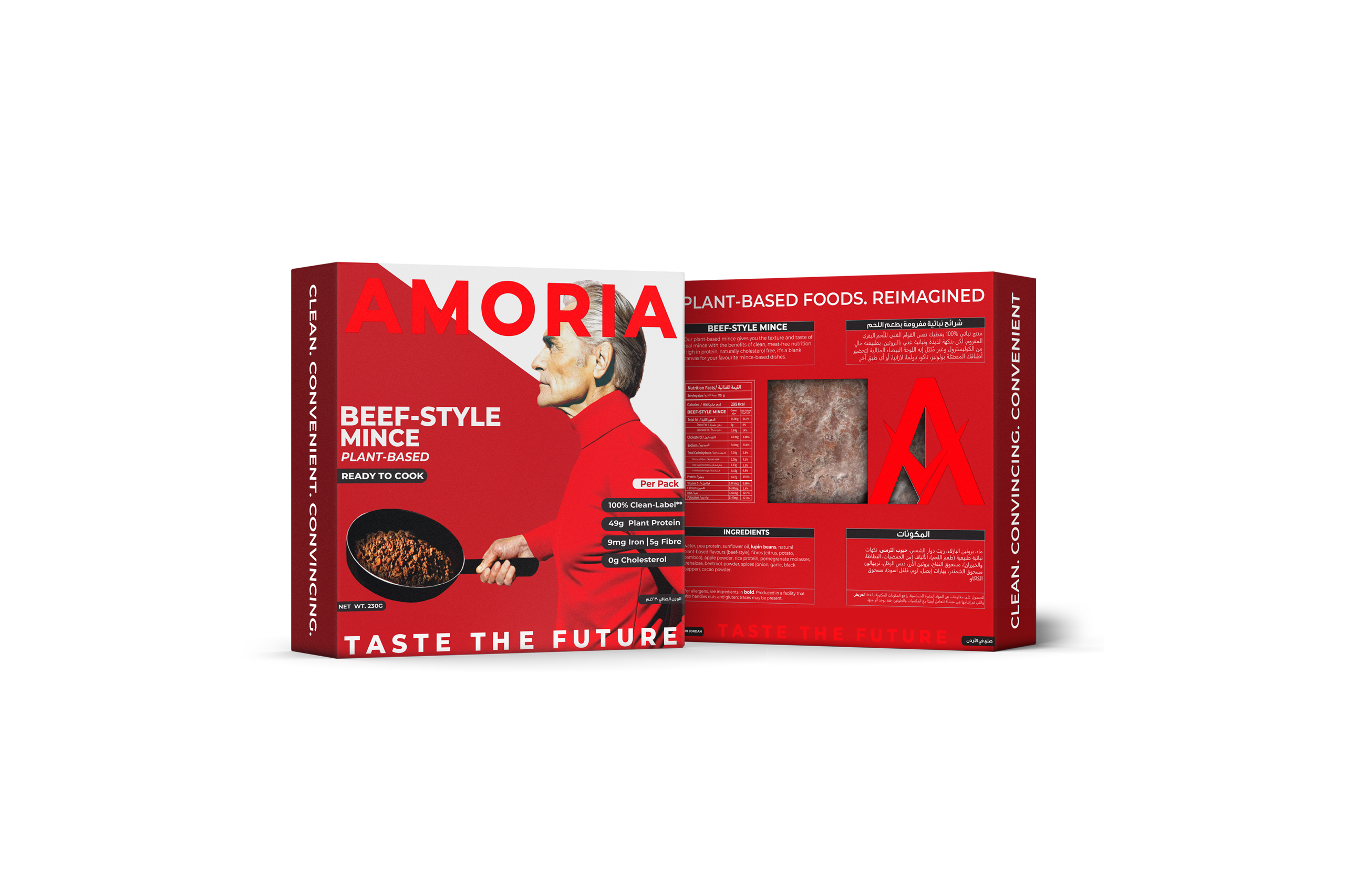 Amoria Beef-Style Mince plant-based packaging showing the front and back panels, highlighting nutritional information, ingredients, and bold red branding.