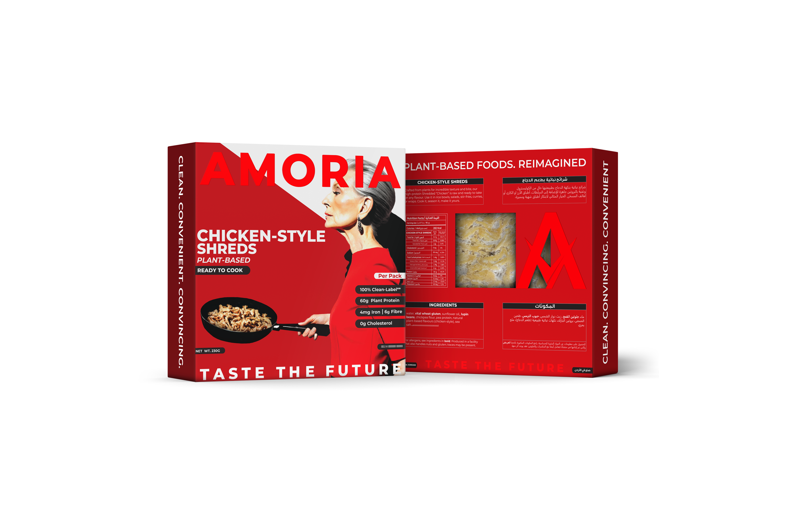 Amoria Chicken-Style Shreds plant-based packaging, front and back design in bold red, showcasing nutrition facts, ingredients, and product window with realistic shredded texture.