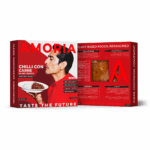 Amoria Chilli Con Carne plant-based packaging, front and back panels in bold red design, with a man holding a plate of rice and chilli, nutrition facts, ingredients, and product viewing window.