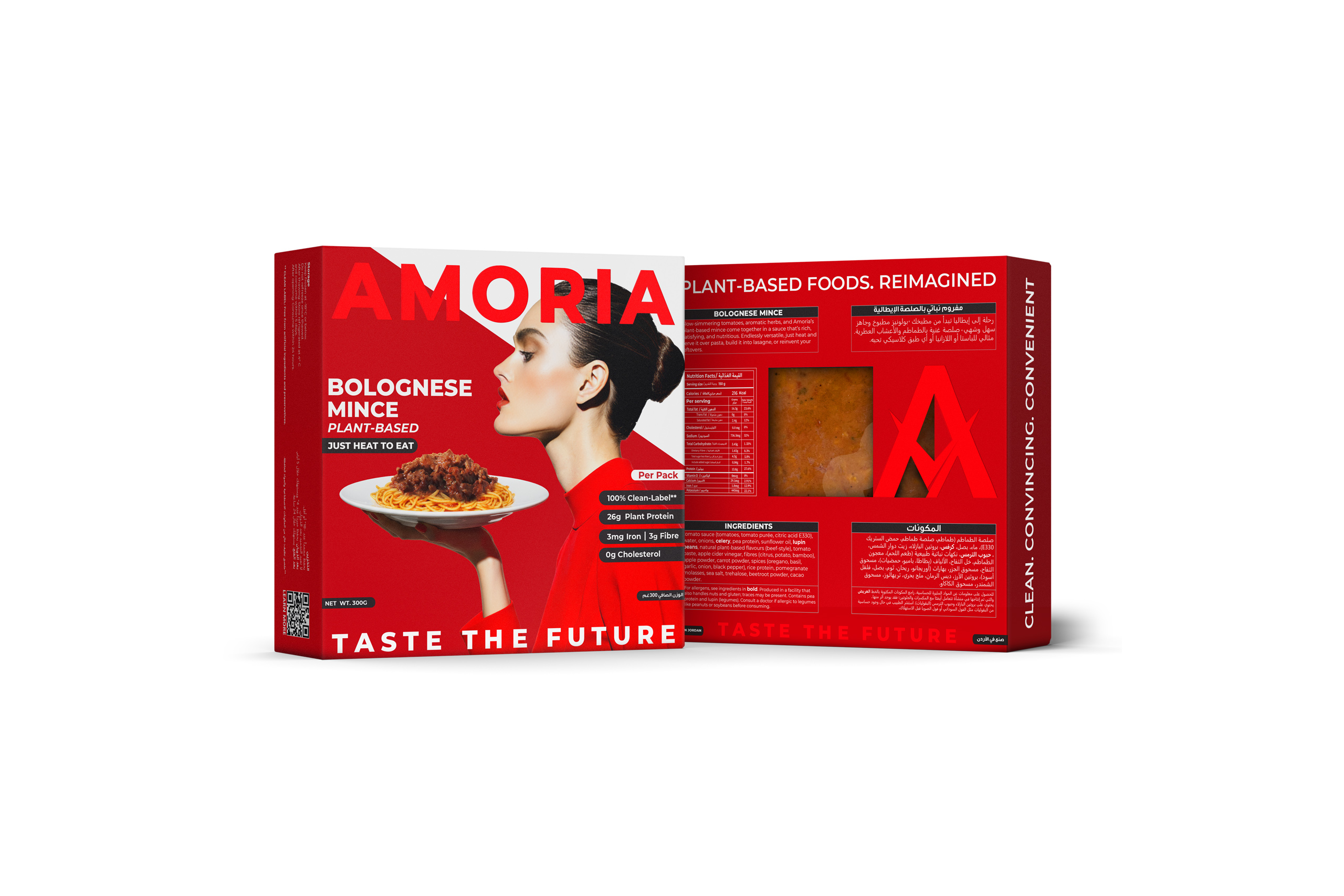 Amoria Bolognese Mince plant-based packaging, front and back panels in bold red design, with a woman holding spaghetti, nutrition facts, ingredients, and product viewing window.