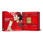 Amoria Chicken-Style Shawarma plant-based packaging, front and back panels in bold red design, featuring nutrition facts, ingredients, and product window with shawarma texture.