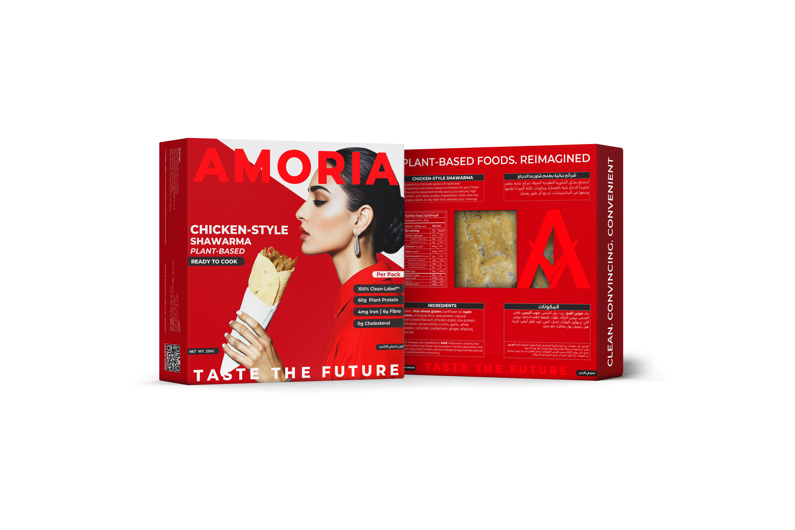 Amoria Chicken-Style Shawarma plant-based packaging, front and back panels in bold red design, featuring nutrition facts, ingredients, and product window with shawarma texture.