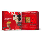 Amoria Taco Mince plant-based packaging, showing front and back panels in bold red, with a woman holding a taco, nutrition facts, ingredient list, and product viewing window.