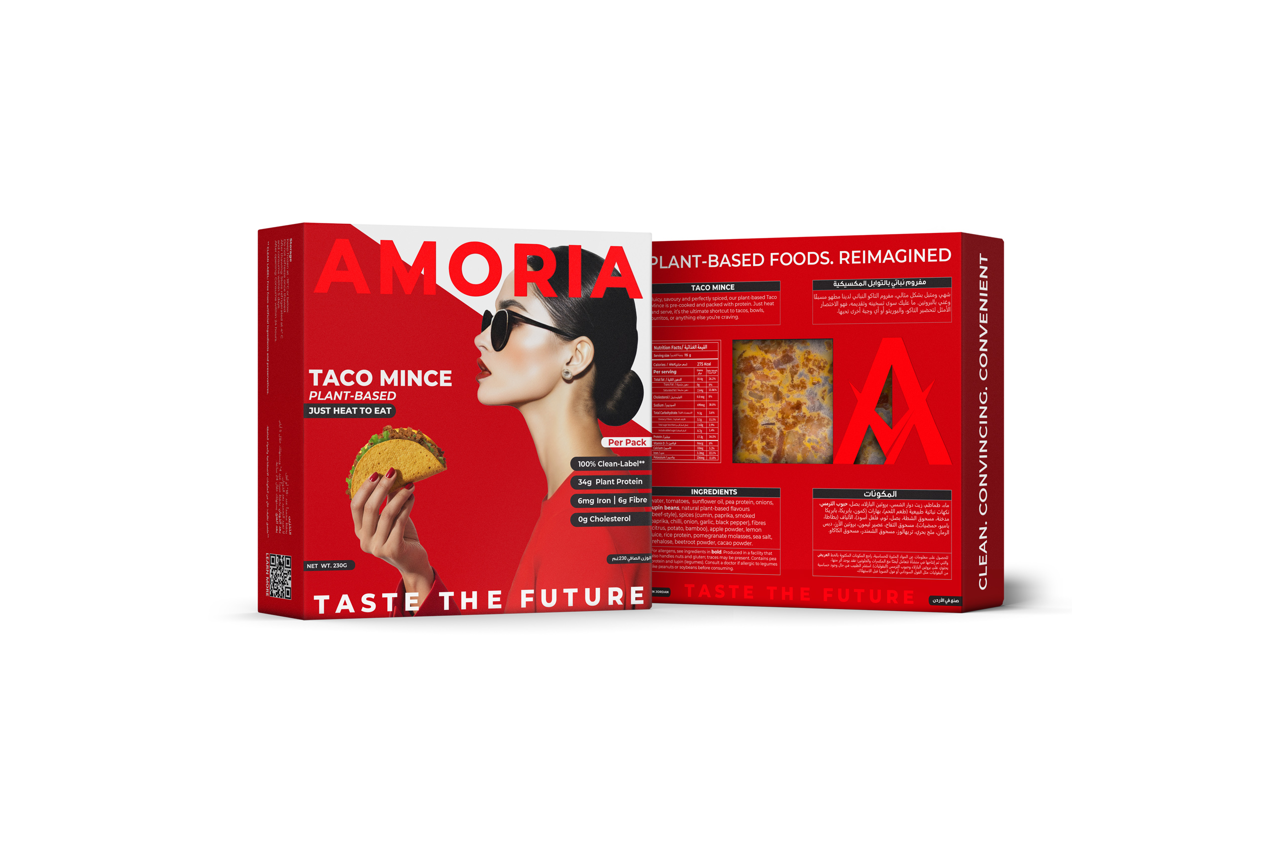 Amoria Taco Mince plant-based packaging, showing front and back panels in bold red, with a woman holding a taco, nutrition facts, ingredient list, and product viewing window.
